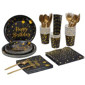 Black Gold Disposable Dinnerware Birthday Party Set For 25 Guests: Paper Plates 9oz Cups Straws Napkins Forks Knives Spoons