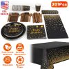 Black Gold Disposable Dinnerware Birthday Party Set For 25 Guests: Paper Plates 9oz Cups Straws Napkins Forks Knives Spoons