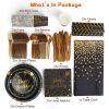 Black Gold Disposable Dinnerware Birthday Party Set For 25 Guests: Paper Plates 9oz Cups Straws Napkins Forks Knives Spoons