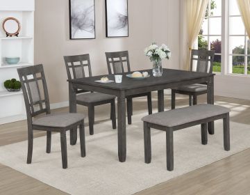 Beautiful 6-Pc Dinette Gray Finish Rectangular Table Upholstered Chairs Bench Dining Room Wooden Dining Set Furniture Transitional Contemporary S
