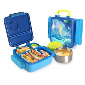 Kids Thermal Lunch Box With Insulated Storage Bag 2 Compartments Spoon Fork Case Food Safe Spill Resistant (Color: Blue)