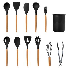 11Pcs Silicone Cooking Utensil Set Heat Resist Wooden Handle Silicone Spatula Turner Ladle Spaghetti Server Tongs Spoon Egg Whish Kitchenware Set w/ H (Option: UtensilSetBlack)