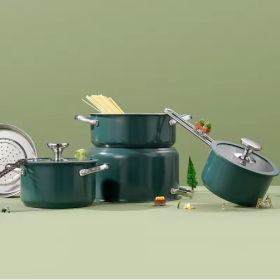 Stainless Steel Ceramic Coated Pot Set, Including 1 Milk Pot, 2 Stockpots, 1 Non-stick Pan, 4 LIDS And 1 Steamer Green (Color: Green)