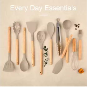 12 Pcs Heat Resistant Wooden Handle Silicone Utensils Set, Khaki Color (Color: Khaki)