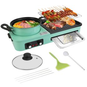3 In 1 Electric Hot Pot With Grill 1600W Smokeless Non-Stick Korean BBQ Grill Shabu Hot Pot Combo With Independent Temperature Control (Color: Green)