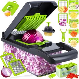 16in1 Vegetable Chopper, Fruit And Slicer, Cutter, With Container, Vegetable Cutter And Spiralizer Suitable For Onions (Option: Black and green)
