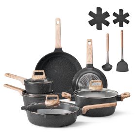 17 Piece Pots and Pans Set Granite Nonstick Kitchen Cookware Induction Black (Quantity of Cookware: 6, Color: Black)
