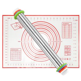 Stainless Steel Rolling Pin with 4 Adjustable Rings, Rolling Mat - Baking Pizza, Fondant & Pie - 150 characters. (Color: Red, Size: One Size)