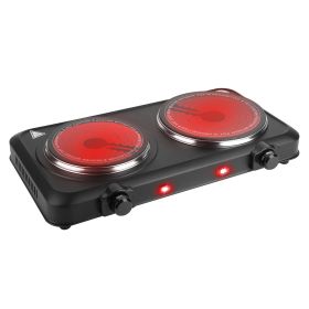 Electric 2000W Infrared Dual Burner Portable Hot Plate/Stove with Tempered Glass Cooktop for Countertop and RV (Color: Black)