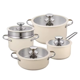Stainless Steel Ceramic Coated Pot Set, Including 1 Milk Pot, 2 Stockpots, 1 Non-stick Pan, 4 LIDS And 1 Steamer (Color: Beige)